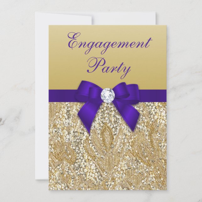 Invitación Partido de Compromiso Gold Sequins Royal Purple Bo (Anverso)