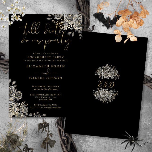 Invitación Partido De Compromiso Gótico Negro Y Oro (Gothic Black And Gold Photo Engagement Party Invitation)