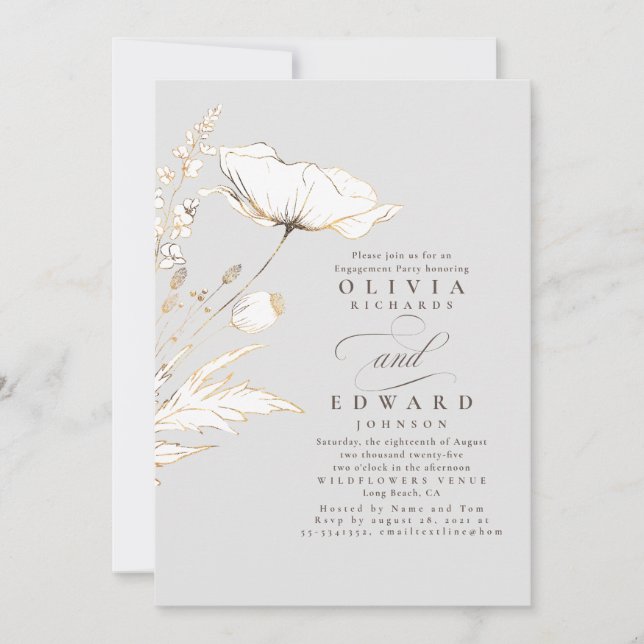Invitación Partido de compromiso gris claro de flores silvest (Anverso)