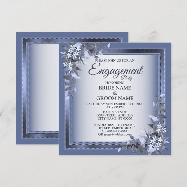 Invitación Partido de compromiso gris de floral azul marino (Anverso / Reverso)