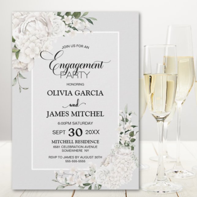 Invitación Partido de compromiso gris floral blanco (Subido por el creador)