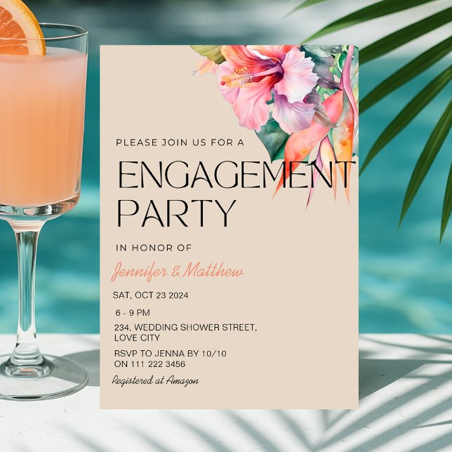 Invitación Partido de Compromiso Hawaiano de Hibiscus Tropica (Tropical Floral Hibiscus Hawaiian Engagement Party Invitation)