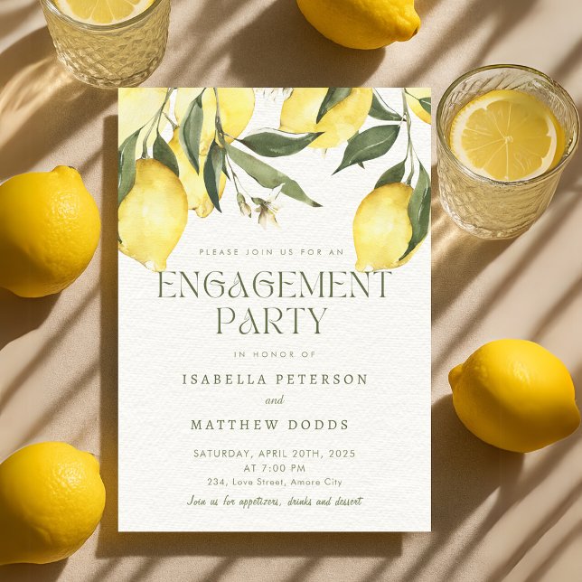 Invitación Partido de compromiso mediterráneo limonero modern (Modern Lemon Mediterranean Engagement Party Invitation)