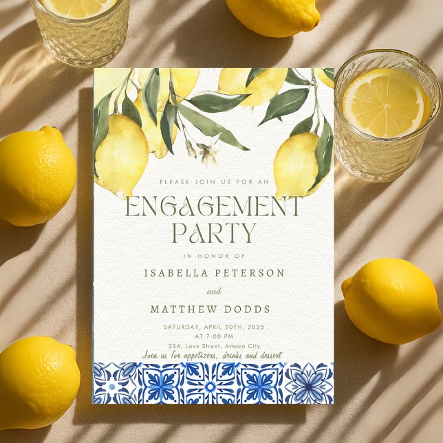 Invitación Partido de compromiso mediterráneo limonero modern (Modern Lemon Mediterranean Engagement Party Invitation)