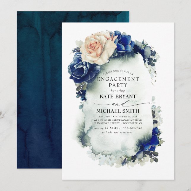 Invitación Partido de compromiso moderno floral azul y roya d (Anverso / Reverso)