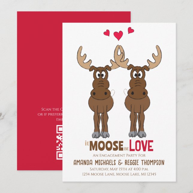 Invitación Partido de compromiso Moose be Love Cute Whimsical (Anverso / Reverso)