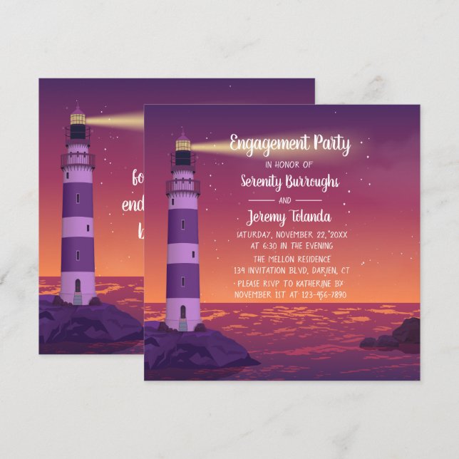 Invitación Partido de compromiso náutico morado del faro de a (Anverso / Reverso)