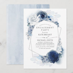 Invitación Partido de compromiso Navy y Blue Floral Silver