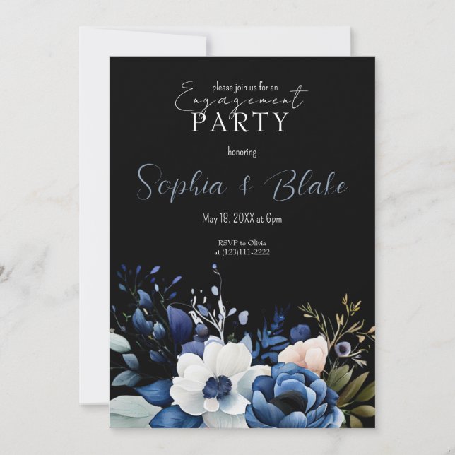 Invitación Partido de compromiso negro floral azul, blanco y  (Anverso)