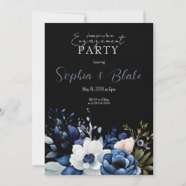 Invitación Partido de compromiso negro floral azul, blanco y