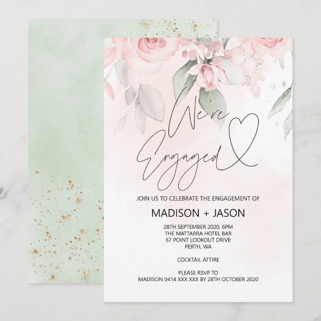 Invitación Partido de compromiso "Pink Floral Gold" (Anverso / Reverso)