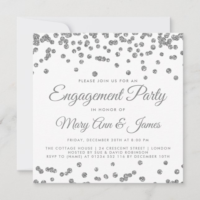Invitación Partido de compromiso Purpurina Plata Confetti inv (Anverso)