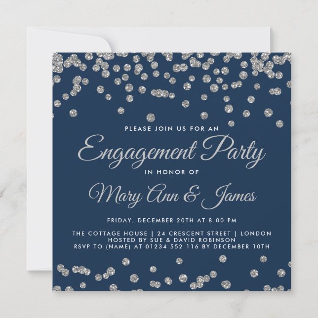 Invitación Partido de compromiso Purpurina Plata Confetti Mar (Anverso)