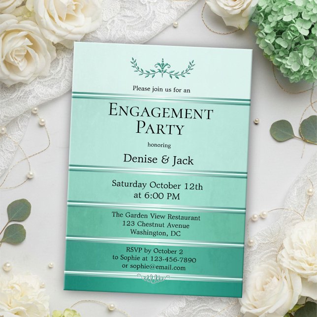 Invitación Partido de compromiso rayado Silver Green Ton sur  (Engagement party invitation featuring painted green tone on tone stripes with a silver lining)