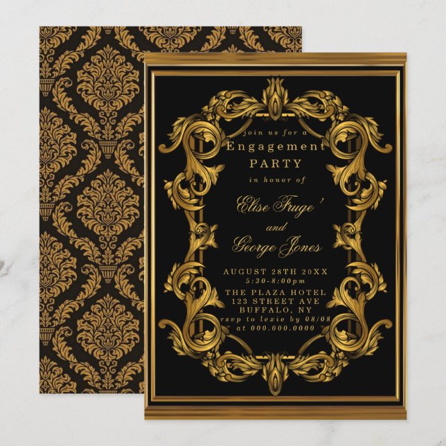 Invitación Partido de compromiso real de oro negro Art Deco (Anverso / Reverso)