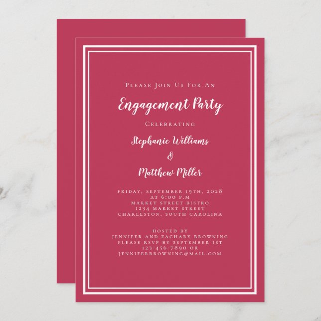 Invitación Partido de compromiso rojo magenta simple minimali (Anverso / Reverso)