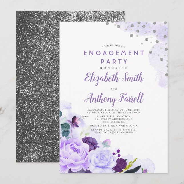 Invitación Partido de compromiso romántico con floral morado  (Anverso / Reverso)