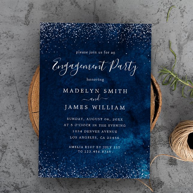 Invitación Partido de compromiso romántico Navy Plata azul (Romantic Engagement Party Navy Blue Silver Invitation
)