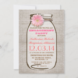 Invitación Partido de compromiso rosado de Burlap Mason Jar