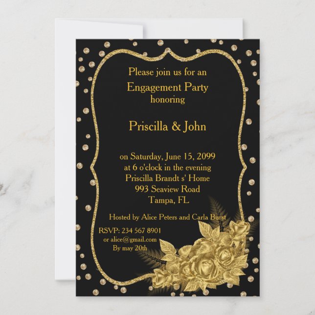 Invitación Partido de compromiso, rosas fríos y Relieve metal (Anverso)
