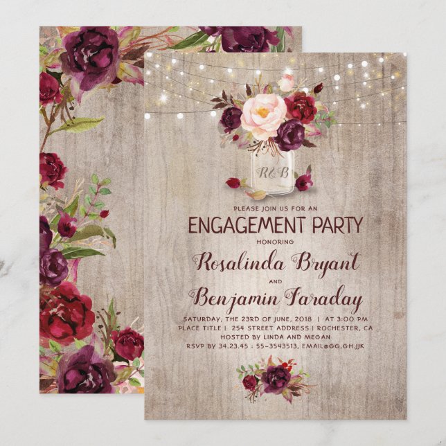 Invitación Partido de compromiso ruso de floral borgoñona Mas (Anverso / Reverso)