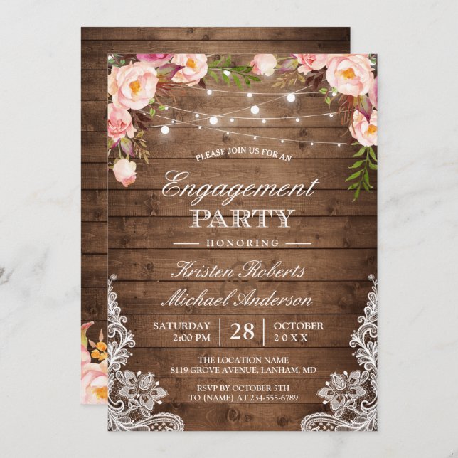 Invitación Partido de compromiso Rústico Floral Lace String L (Anverso / Reverso)