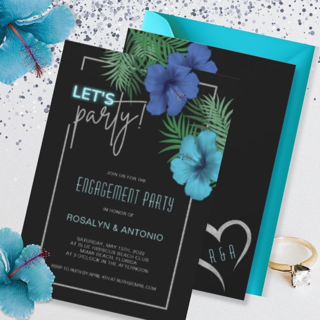 Invitación Partido de compromiso tropical de neón azul negro (Subido por el creador)