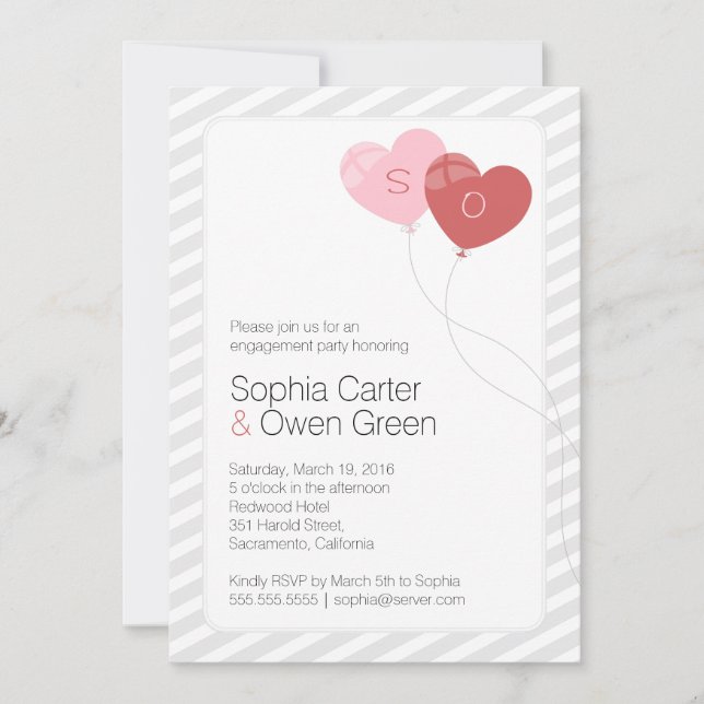 Invitación Partido de compromiso único de Heart Balloons (Anverso)