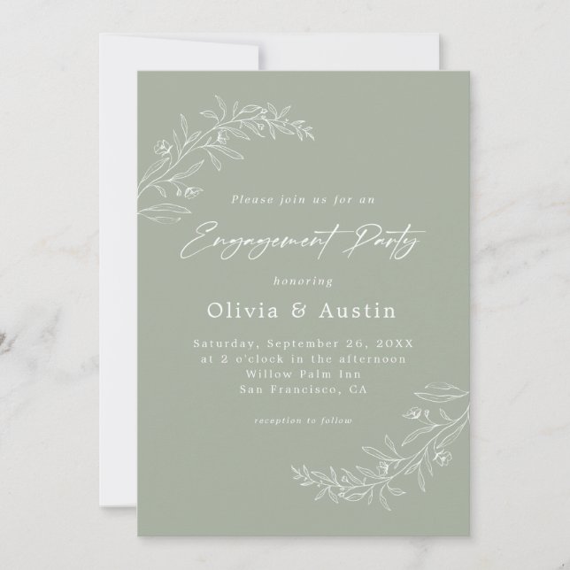 Invitación Partido de Compromiso Verde Boho Sage Minimalista  (Anverso)