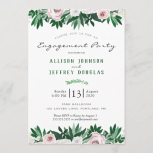 Invitación Partido de compromiso verde de color floral blanco
