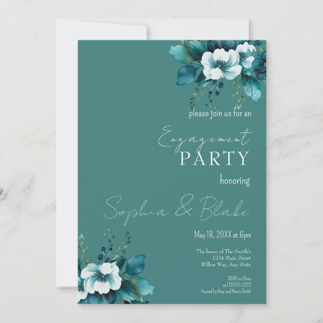 Invitación Partido de compromiso verde oscuro floral azul y v (Anverso)