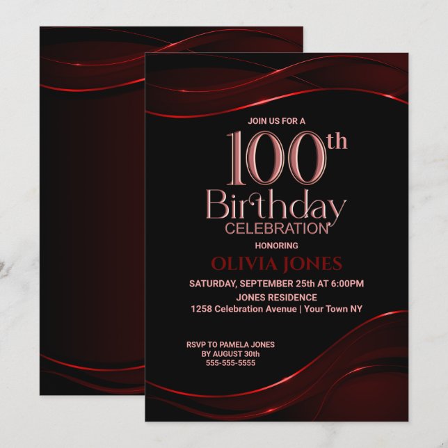 Invitación Partido de cumpleaños 100 del negro rojo moderno (Anverso / Reverso)