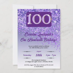 Invitación Partido de Cumpleaños 100 Purpurina Morado que cae