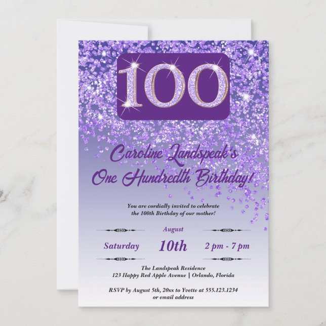 Invitación Partido de Cumpleaños 100 Purpurina Morado que cae (Anverso)