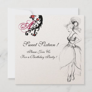 Invitación PARTIDO DE CUMPLEAÑOS 16 MONOGRAM Red Black Swirls