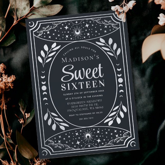 Invitación Partido de cumpleaños 16 Silver Tarot Witchy Sweet (Subido por el creador)