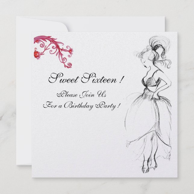 Invitación PARTIDO DE CUMPLEAÑOS 16 SWEET Red Swirls Black Wh (Anverso)