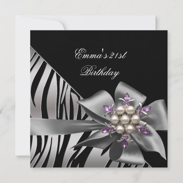 Invitación Partido de Cumpleaños 21.ª Cebra Black Silver Bow (Anverso)