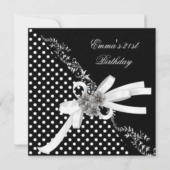 Invitación Partido de Cumpleaños 21 Polka Dot Black White Bow (Anverso)