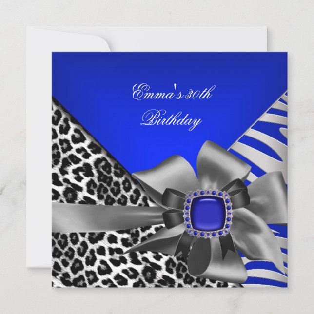 Invitación Partido de Cumpleaños 30.º Zebra Leopard Azul Negr (Anverso)