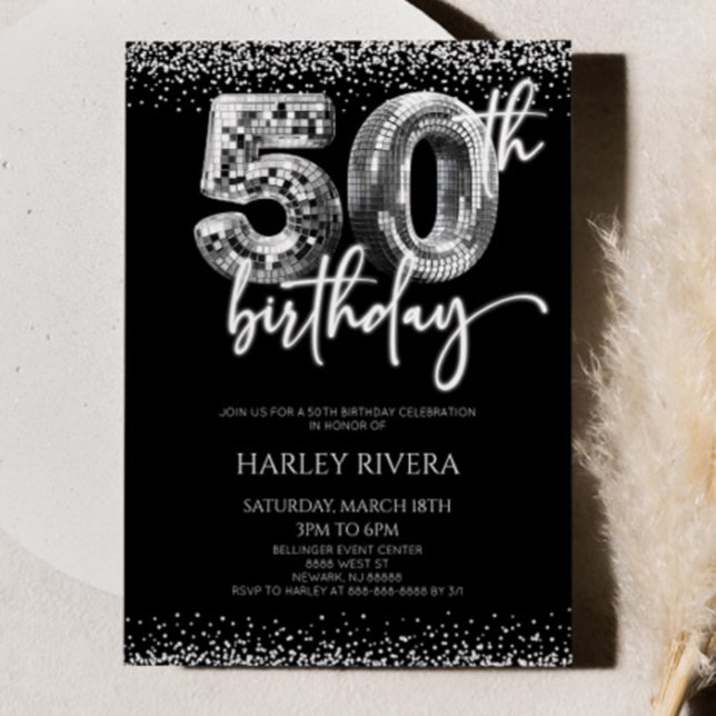 Invitación Partido de cumpleaños 50 Purpurina Silver Disco Ba (Subido por el creador)