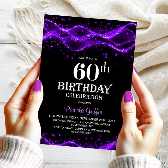 Invitación Partido de cumpleaños 60 de Black y Purple Modern (Subido por el creador)