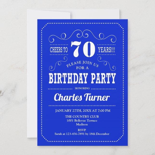 Invitación Partido de Cumpleaños 70 - Blanco Azul Real (Anverso)