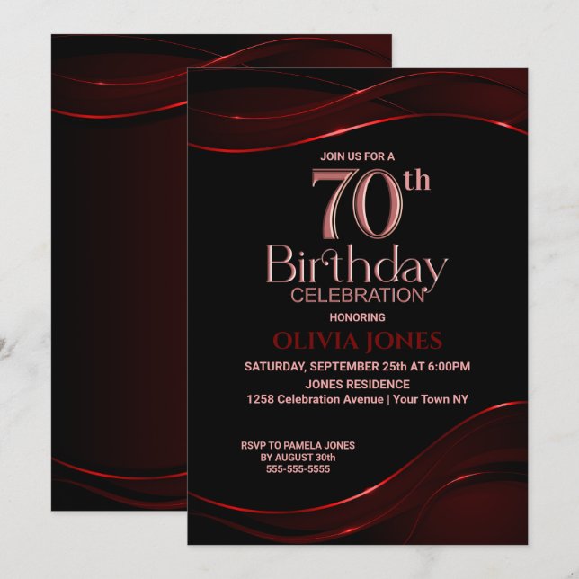 Invitación Partido de Cumpleaños 70 del Rojo Negro Moderno (Anverso / Reverso)