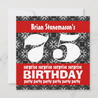 Invitación Partido de cumpleaños 75 sorpresa blanco rojo negr