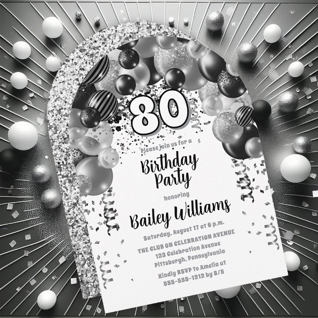 Invitación Partido de cumpleaños 80 del Black Silver Balloon  (Silver Tone, Black and White  Celebration Balloons "80" 80th Birthday Party Invitation Print | Digi)