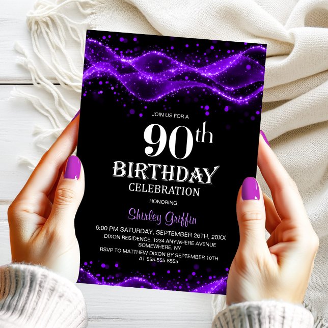 Invitación Partido de cumpleaños 90 del Negro y Morado Modern (Subido por el creador)