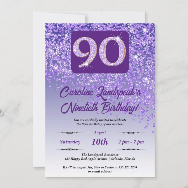 Invitación Partido de Cumpleaños 90 del Purpurina Morado que  (Anverso)
