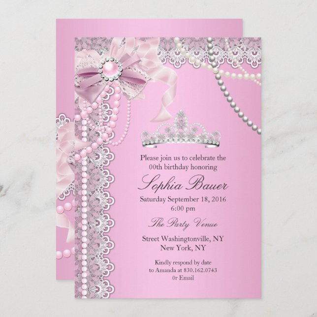 Invitación Partido de Cumpleaños A de la Perla Rosa Bow Lace (Anverso / Reverso)
