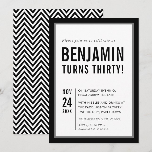 Invitación PARTIDO DE CUMPLEAÑOS ADULTOS TIPOgrafía moderna b (Anverso / Reverso)